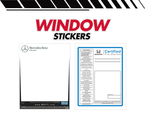 Eye-catching custom window stickers showcasing car features and exclusive promotions on the dealership lot.